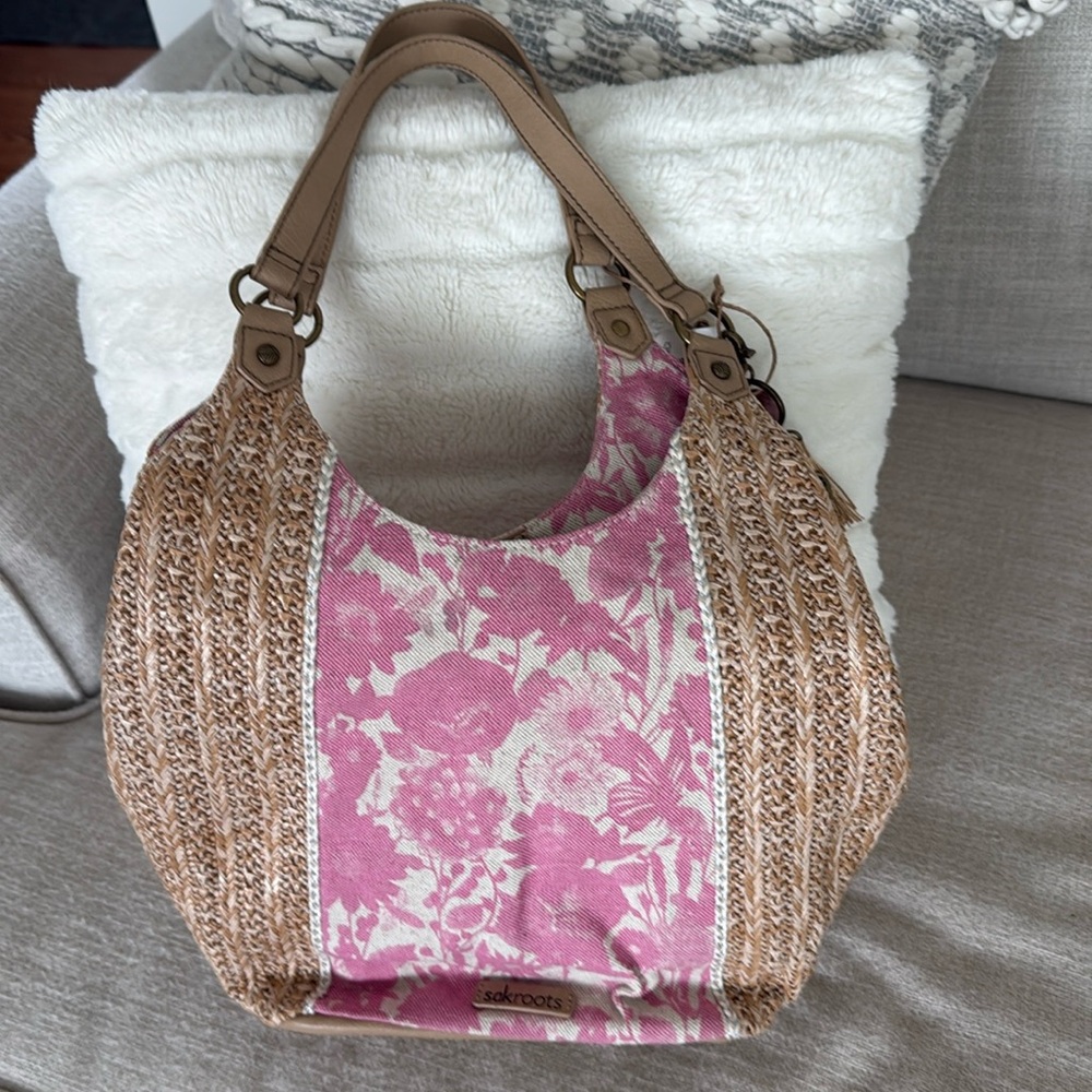 Sakroots Roma Purse/Bag Recycled Straw Pink Floral Fabric W/WovenStraw sides NWT